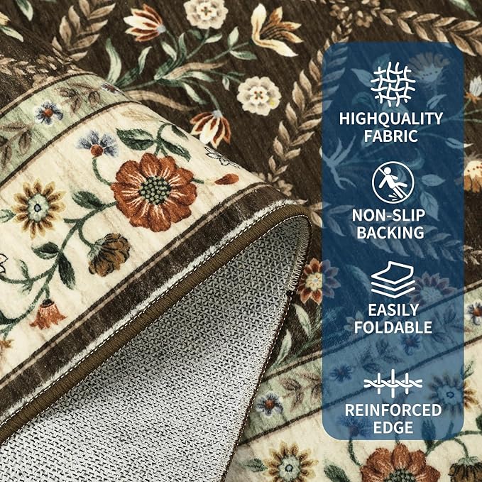 Large Entryway Rug 3x5 Floral Washable Area Rugs Vintage Soft Non-Slip Small - Image 3