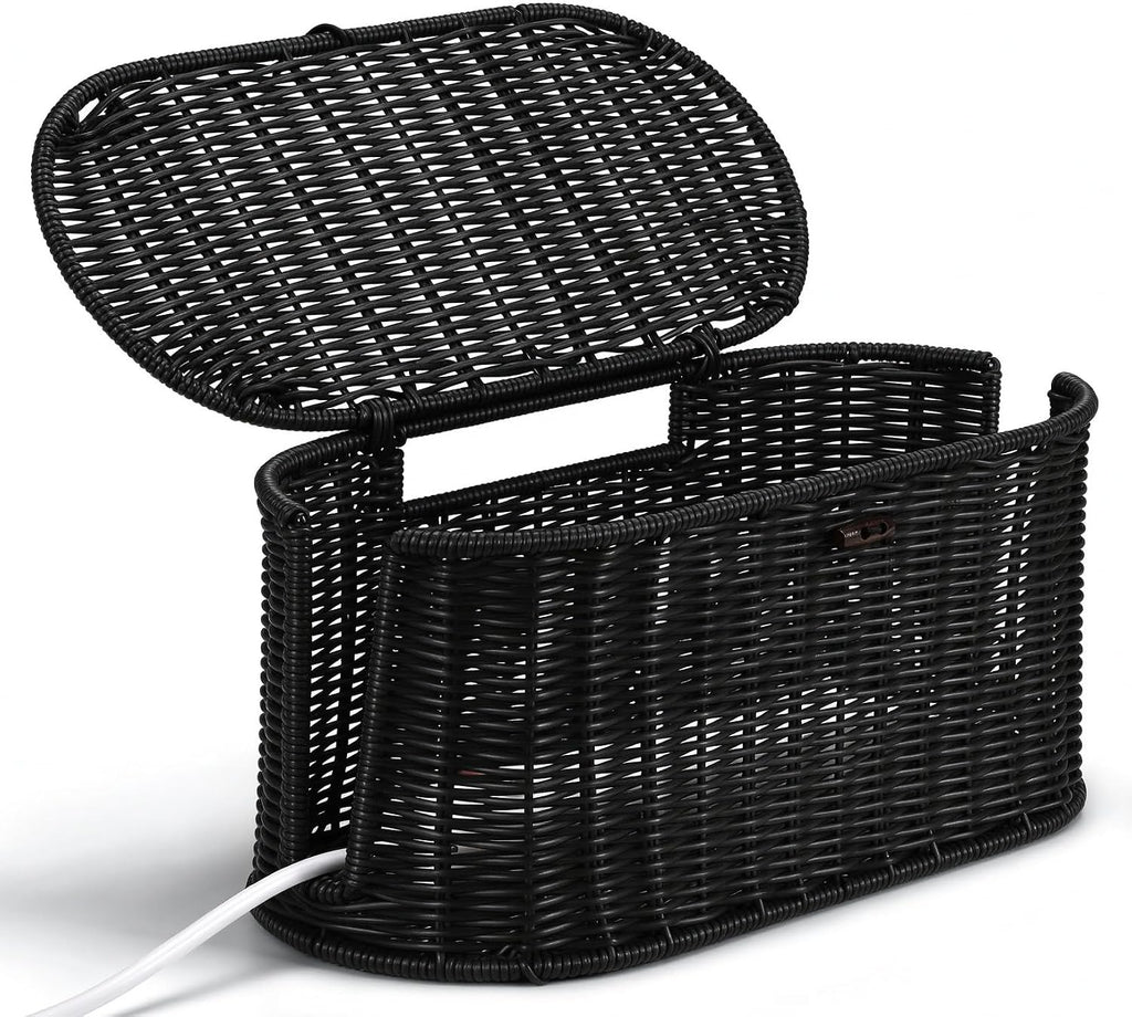 Oval Rattan Style Cable Management Box, Cable Organizer Button Loop Closure