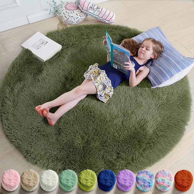 Amdrebio Olive Green Round Rug 4Ft by Amdrebio