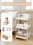 Fortella Baby Diaper Caddy, 3 Tier Rolling Cart for Baby Essentials, Beige