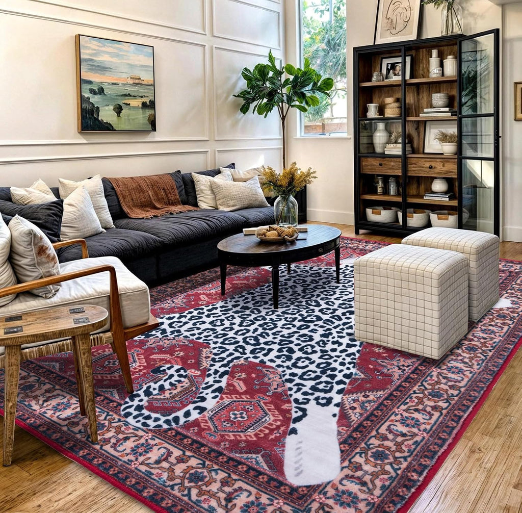 Oriental Leopard Rug 8x10 ft Washable Traditional Red Area Rugs for Bedroom Living Room, Dining Room Under Kitchen Table, Soft Non Slip Thin Rug Carpet (Red Leopard, 10X8 FT)