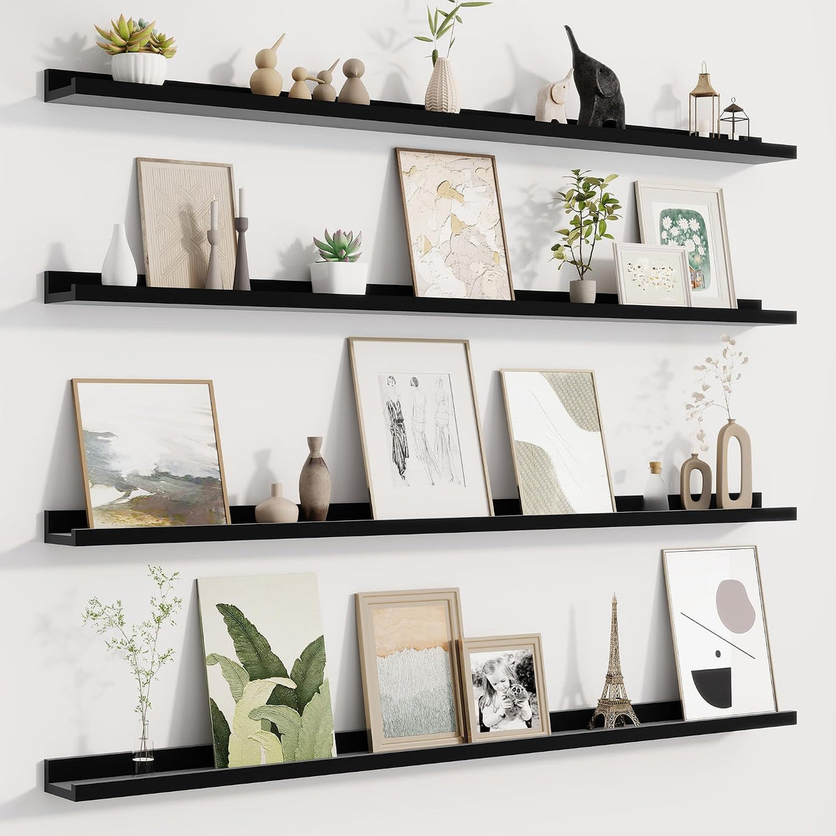 Fun Memories Picture Ledge Shelf for Wall, Floating Shelves Set of 4, 48 Inch Long Nursery Book Shelves for Toys Storage, Kids Bookshelf Wall Mounted for Books Photo Frames, Black