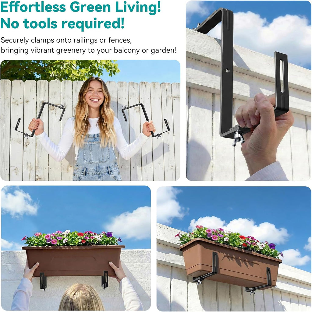 Adjustable Planter Box Brackets,Enhanced Bottom Support,Universal Outdoor Hanging Brackets,Flower Box Brackets for Fence Railings, Windowsill, Patio, Garden,Balcony. (Black)