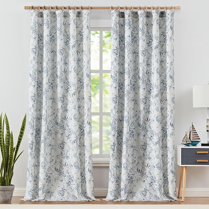 jinchan Floral Curtains 96 Inches Long Blue Flower Linen Farmhouse Curtain - Image 2