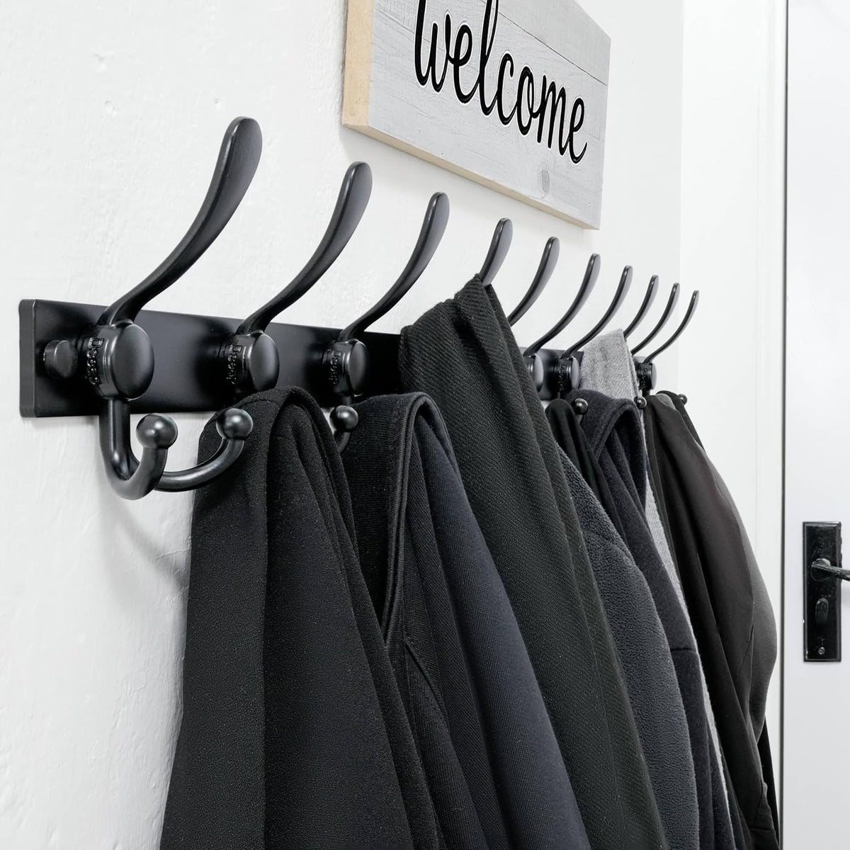 Coat Rack Wall Mount, Heavy Duty 12-Gauge Base vs Flimsy 1mm, Double-Thick Solid Anti-Snap Hooks, 16” Stud-Mount, Stainless Steel Hanger for Clothes Hat Entryway Closet Mudroom, Black