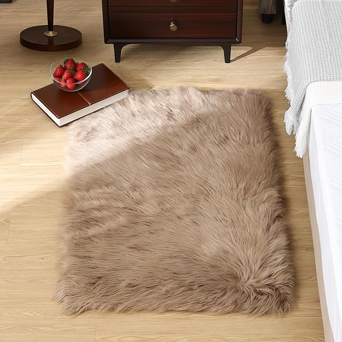 Goolela Fluffy Faux Fur Rug for Bedroom Light Brown Beige 2x3 Furry Fuzzy by Goolela