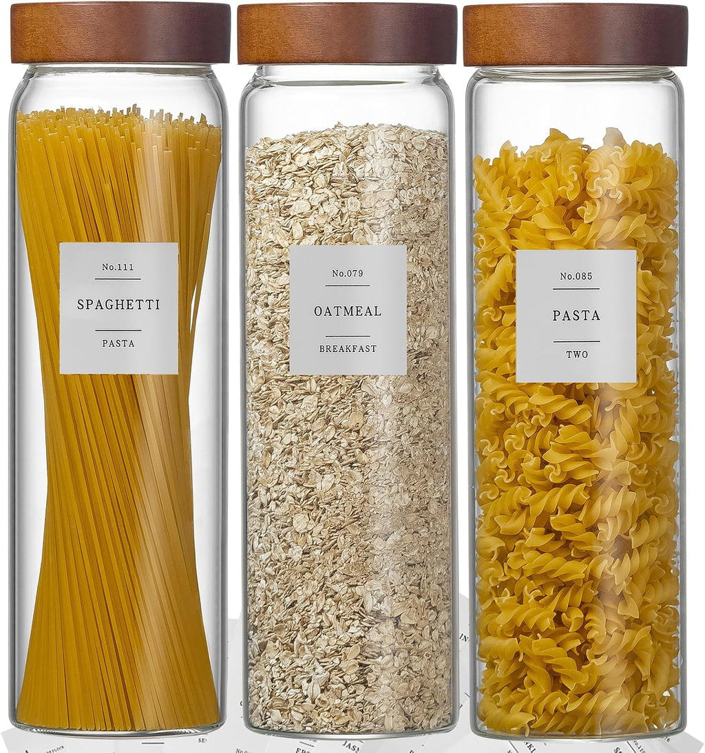 3 Pack Glass Pasta Storage Containers with Screw Wood Lid 70oz + 132 Labels