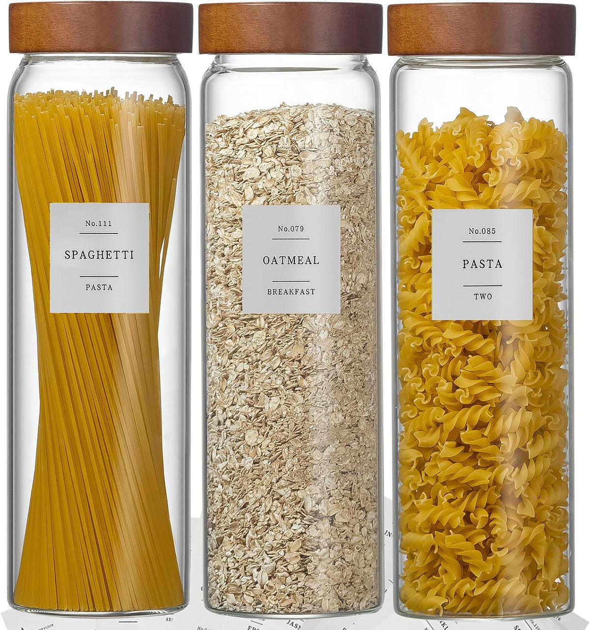 3 Pack Glass Pasta Storage Containers with Screw Wood Lid 70oz + 132 Labels