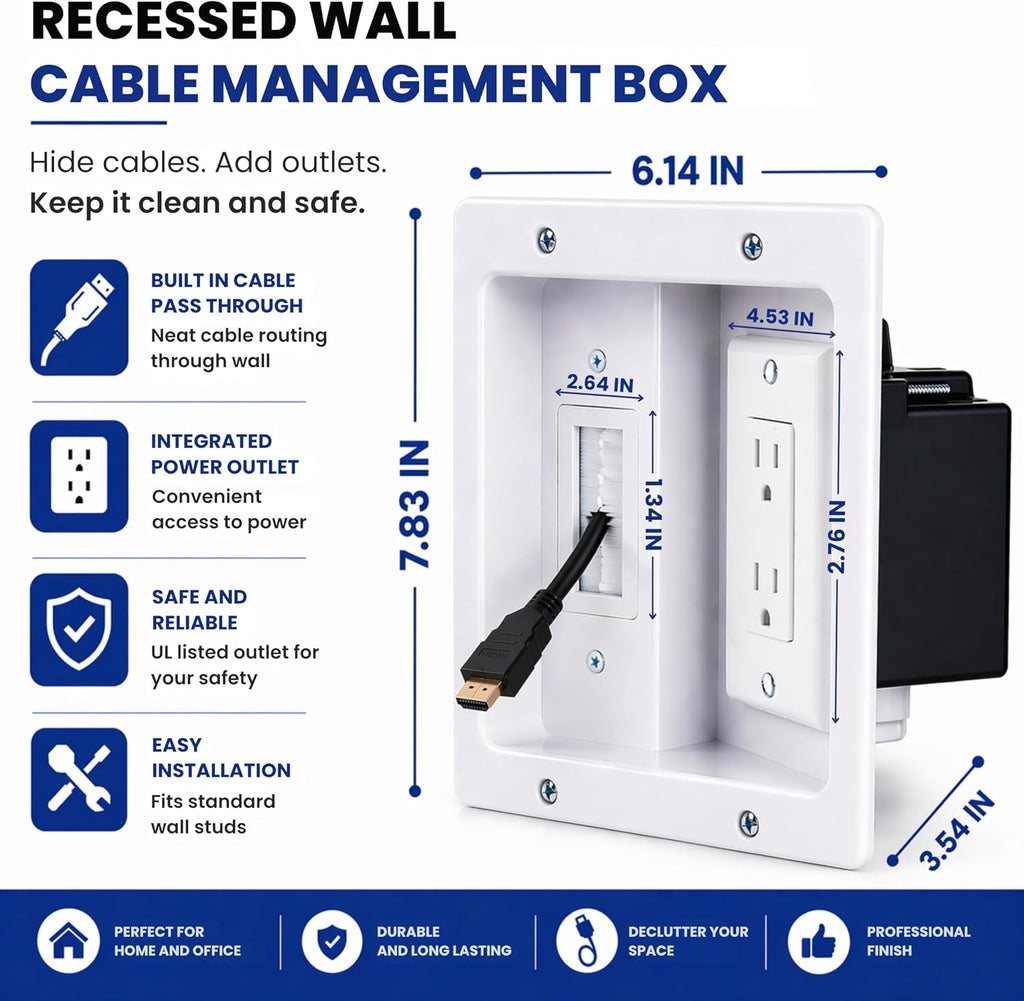 Premium in Wall TV Cable Management Kit for 65+ Inch Smart TVs with Recessed Triple Outlet Box, Wire Hider, Pass Through Plate, Low Voltage Cable Plate, Wire Concealer, Home Theater DIY