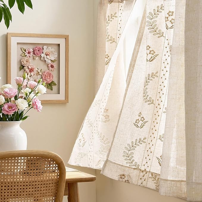 jinchan Belrose Linen Floral Kitchen Curtains 24 inch Length Embroidered - Image 4