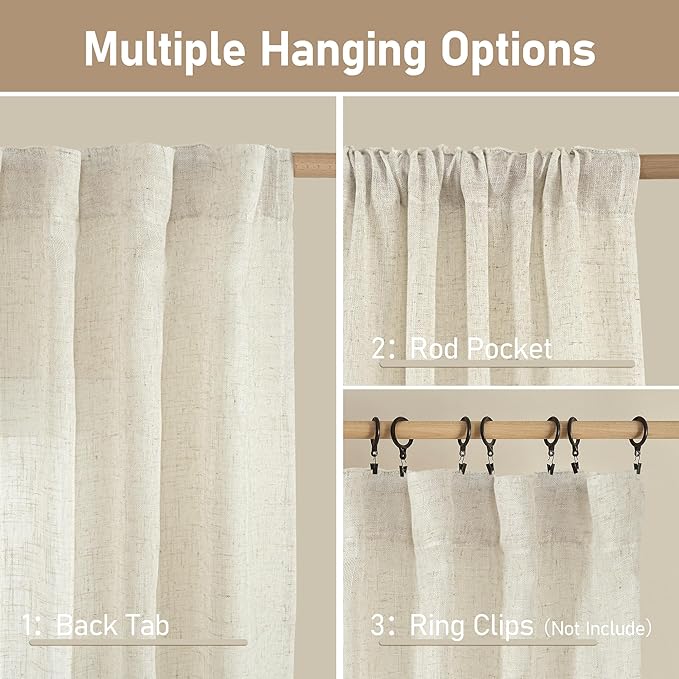 LAMIT 68 inch Semi Sheer Linen Curtains 2 Panels Set, Cream Ivory Light - Image 3