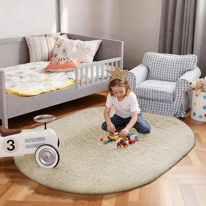 Ophanie 3x5 Oval Ivory Rugs for Bedroom Living Room, Fluffy Fuzzy Furry Carpet - Image 3