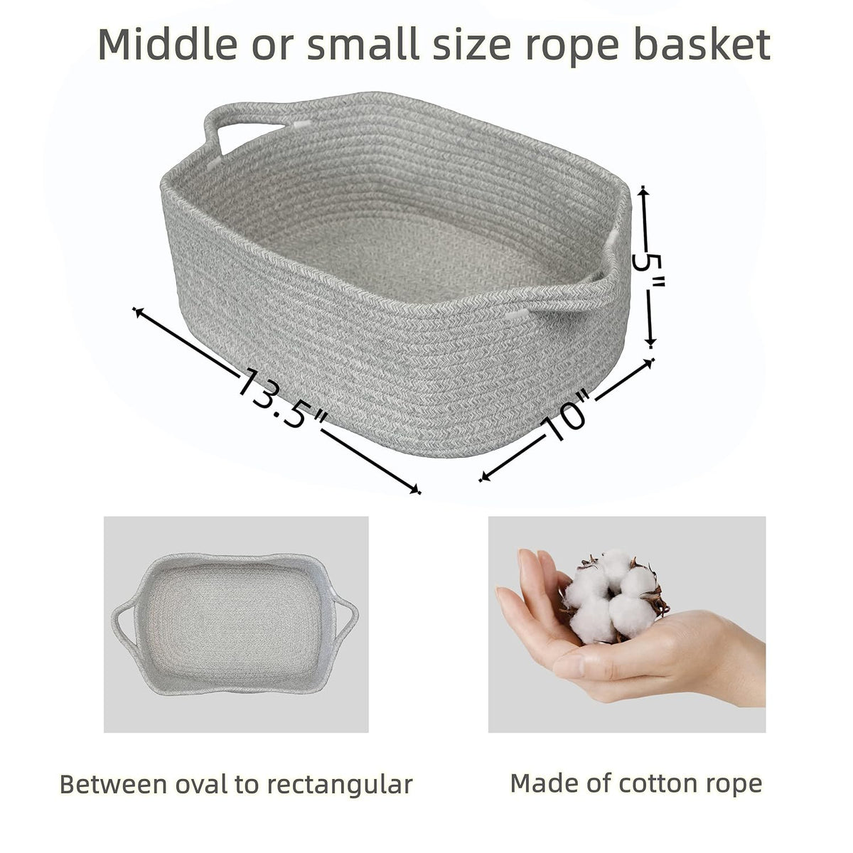 XUANGUO Medium Woven Cotton Rope Storage Basket with Handles, Light Grey