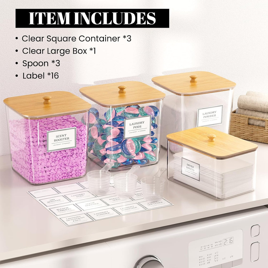 HomePekite Laundry Pods Storage Container, Clear Acrylic Laundry Room Organization and Storage ,Detergent Powder Container,with Wooden Lids & Labels, 3+1 Pack