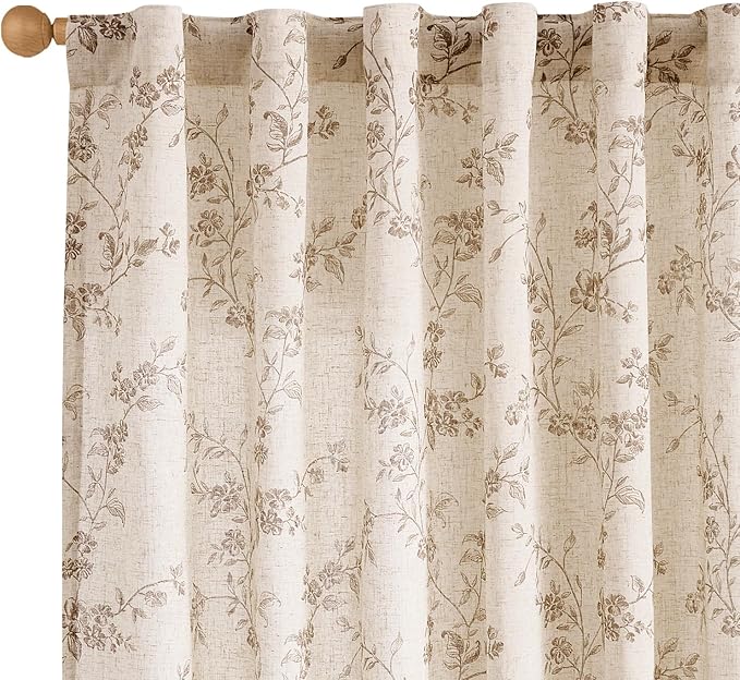 Lazzzy Taupe Floral Linen Curtains 84 Inch Farmhouse Curtain Back Tab Drapes by Lazzzy