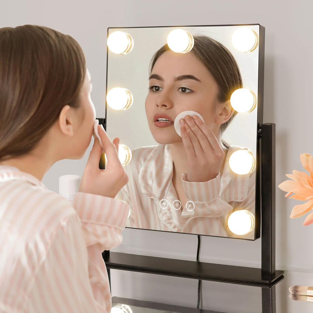 Kotdning Vanity Mirror with Lights,Lighted Vanity Mirror with 9 Dimmable Bulbs for Dressing Room & Bedroom,3 Color Lighting,Modes Detachable 10x Magnification 360°Ratation (Black) 12" L x 14.4" W