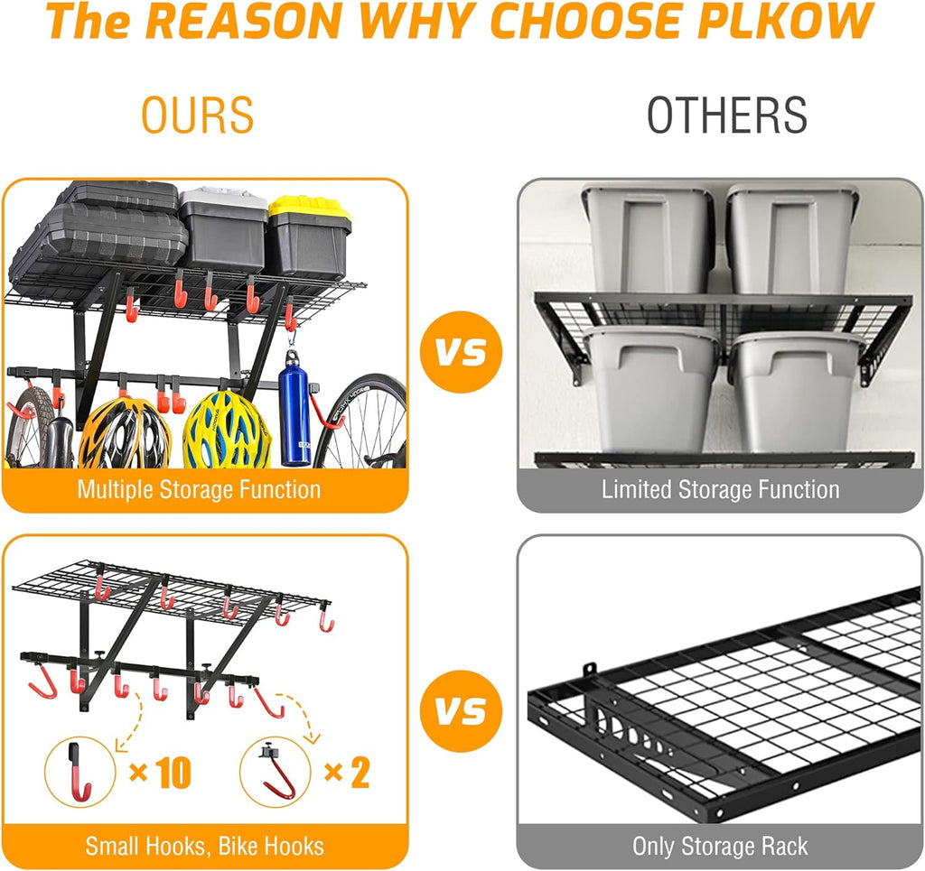 PLKOW Garage Wall Shelving with Bike Hooks, Adjustable Storage Rack
