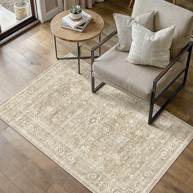4x6 Washable Area Rug for Living Room Bedroom Vintage Beige Soft Low Pile by WondRg