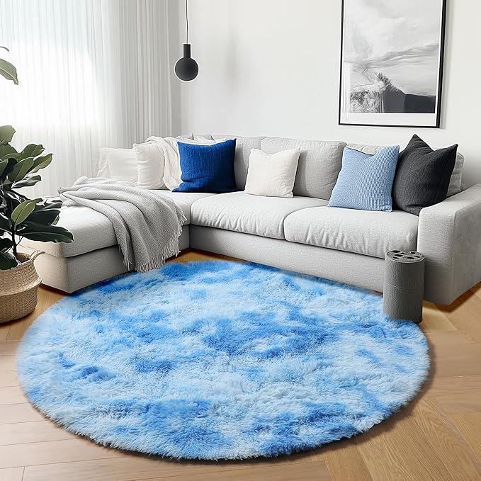 ONASAR Tie-Dye Blue Round Area Rug 4ft, Soft Bedroom Circle Rugs Floor Mats - Image 5