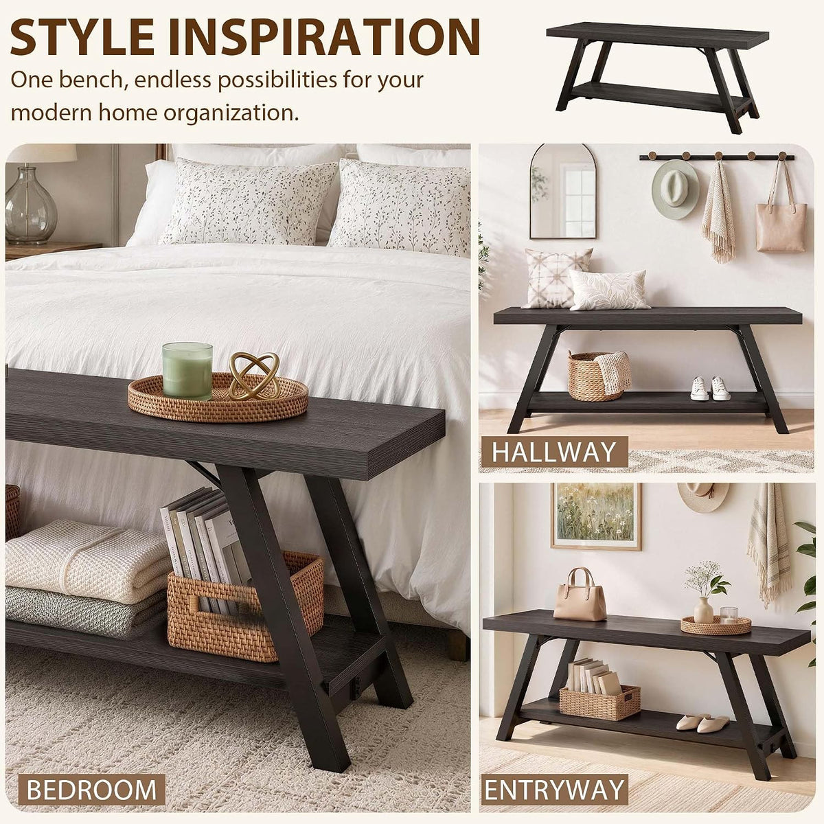 LVB Entryway Bench with Storage, Wood Bench for Entryway, Dark Gray Oak