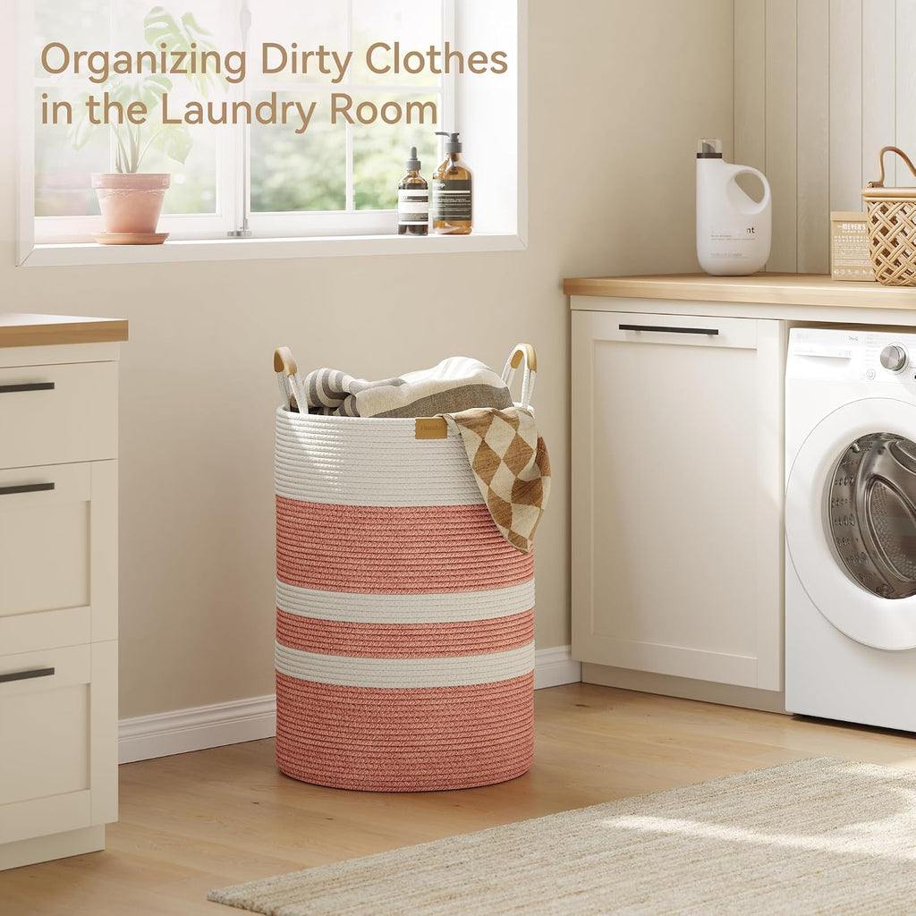 95L Laundry Hamper with Leather Handles，Laundry Basket,Coral Pink&White