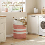 95L Laundry Hamper with Leather Handles，Laundry Basket,Coral Pink&White
