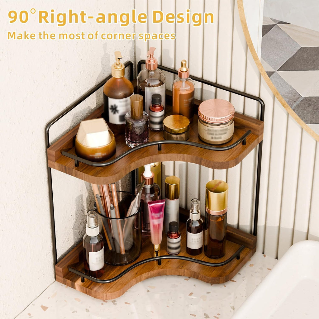 2-Tier Corner Bathroom Counter Organizer, Larger, Acacia Wood
