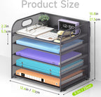Cawukege 5 Tier Paper Organizer with Handle, Grey Metal Mesh Desk Organizer File Folder Paper Letter Tray Desktop Document Sorter for Classroom, School, Office Accessories Organization and Storage