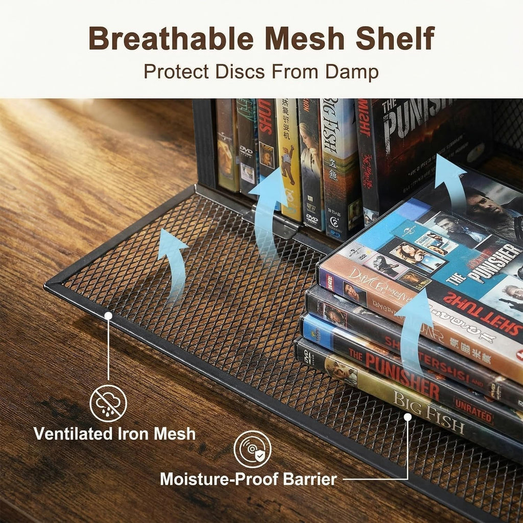 DVD Storage Racks with Handles, 2 Pack, Holds Up to 56 DVD or 64 Blu-ray Cases Total, Metal Mesh and Engineered Wood Media Organizers, Black