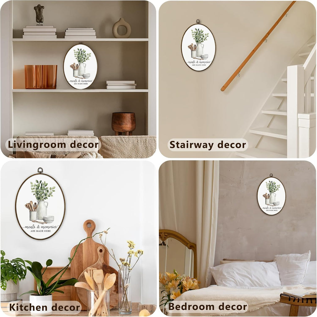 Gnmduw Eucalyptus Leaves Leaf Oval Wall Art Framed, Sage Green Cooking Canvas Prints Hanging Decor, Meals and Memories Are Made Here Wall Decor for Kitchen Home, Chef Gifts for Women Men, 8.7x11.3in