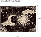 Wonrizon Sun and Moon Tapestry, Aesthetic Black Dark Spiritual Tapestries Mystic Burning Sun with Clouds Star Wall Hanging decor for Bedroom (59.1" x 82.7")