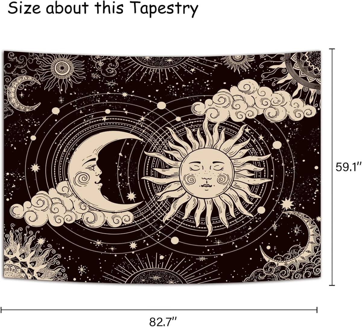 Wonrizon Sun and Moon Tapestry, Aesthetic Black Dark Spiritual Tapestries Mystic Burning Sun with Clouds Star Wall Hanging decor for Bedroom (59.1" x 82.7")