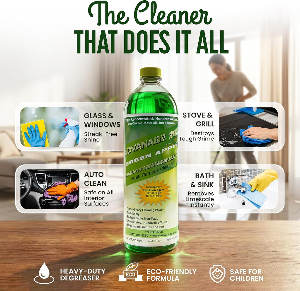 Advanage 20X All Purpose Cleaner Concentrate – The Wonder Cleaner 32 fl oz Green Apple Cleaning Supplies for Bathroom Cleaner, Floor Cleaner, Multipurpose Cleaner | Made in USA Multisurface Cleaner