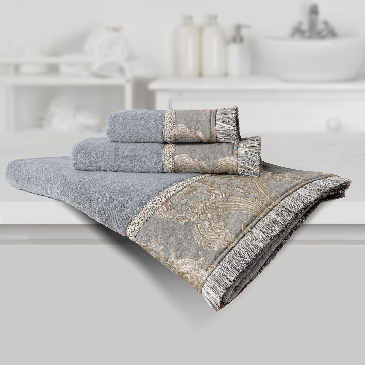 Loom and Mill Luxury Cotton Decorative Bath Towel Set 3 Piece, Grey