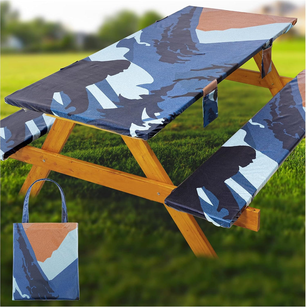 Fitted Picnic Table Cover with Bench Covers Waterproof Elastic Edges Rectangle Patio Tablecloth Outdoor Camping Essentials Stuff Rv Accessories Summer Trip Travel Supplies Party Camper Gifts, 8 ft