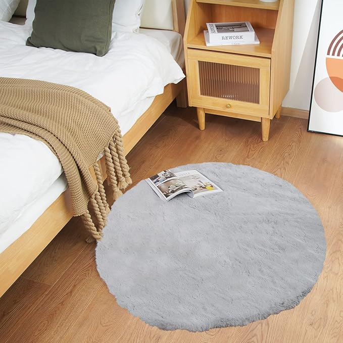 Ghouse Faux Rabbit Fur Round Rug 3ft Grey Round Rugs by Ghouse