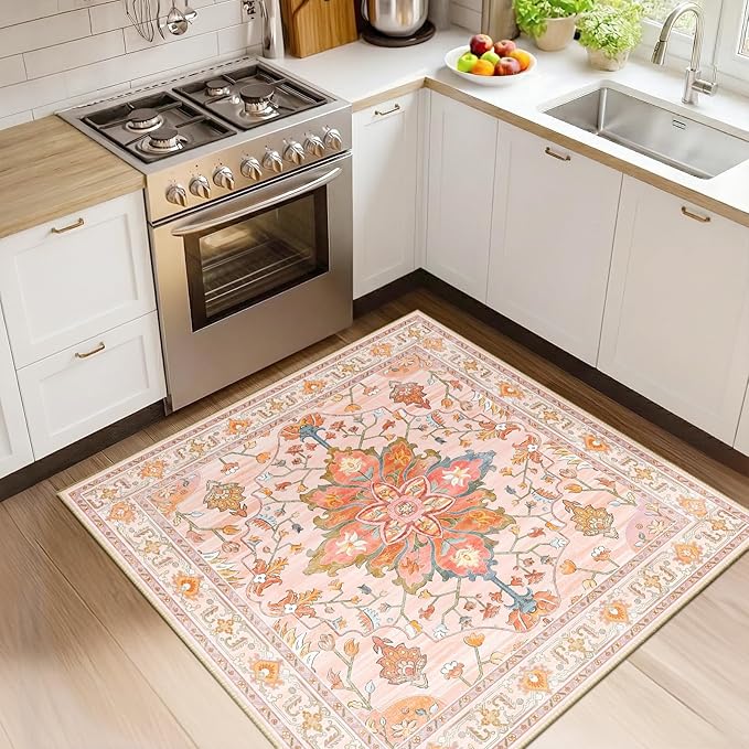 Area Rugs Square 4ft Washable Non-Slip, Floral Vintage Distress Print Pattern by RELEANY
