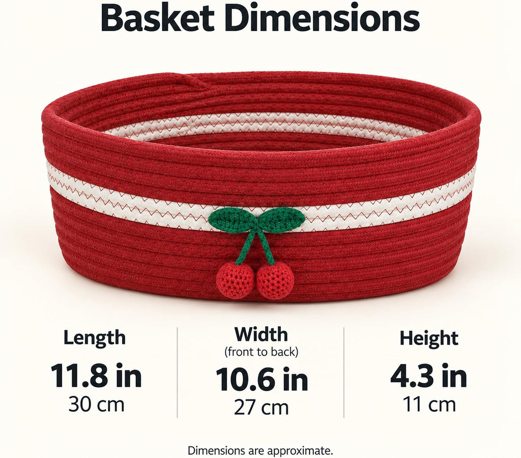 Rectangle Storage Basket Cotton Rope Woven Baskets for Organizing,Cute Cherry Basket for Kids, Baby Nursery,Cat Dog Toy Baskets,Organizer Bins for Shelves 11.8×10.6×4.3INCH