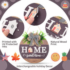 Interchangeable Welcome Sign for Front Door with 14 Changeable Icons, Farmhouse Front Porch Decor Rustic Wooden Wall Sign with 12 LED Lights, Outdoor Seasonal Welcome Home Decorations (Wood home1)