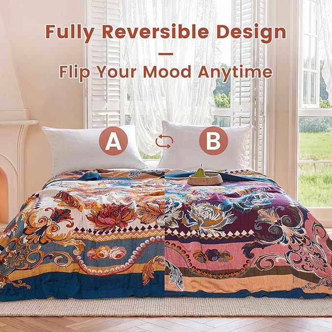 MSGKV Boho Throw Blanket 90"x90" Bed Floral 100% Cotton Blanket Spring - Image 4