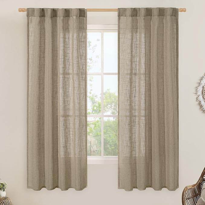 LAMIT Linen Curtains 60 Inch Length 2 Panels, Light Filtering Panels Back Tab by LAMIT