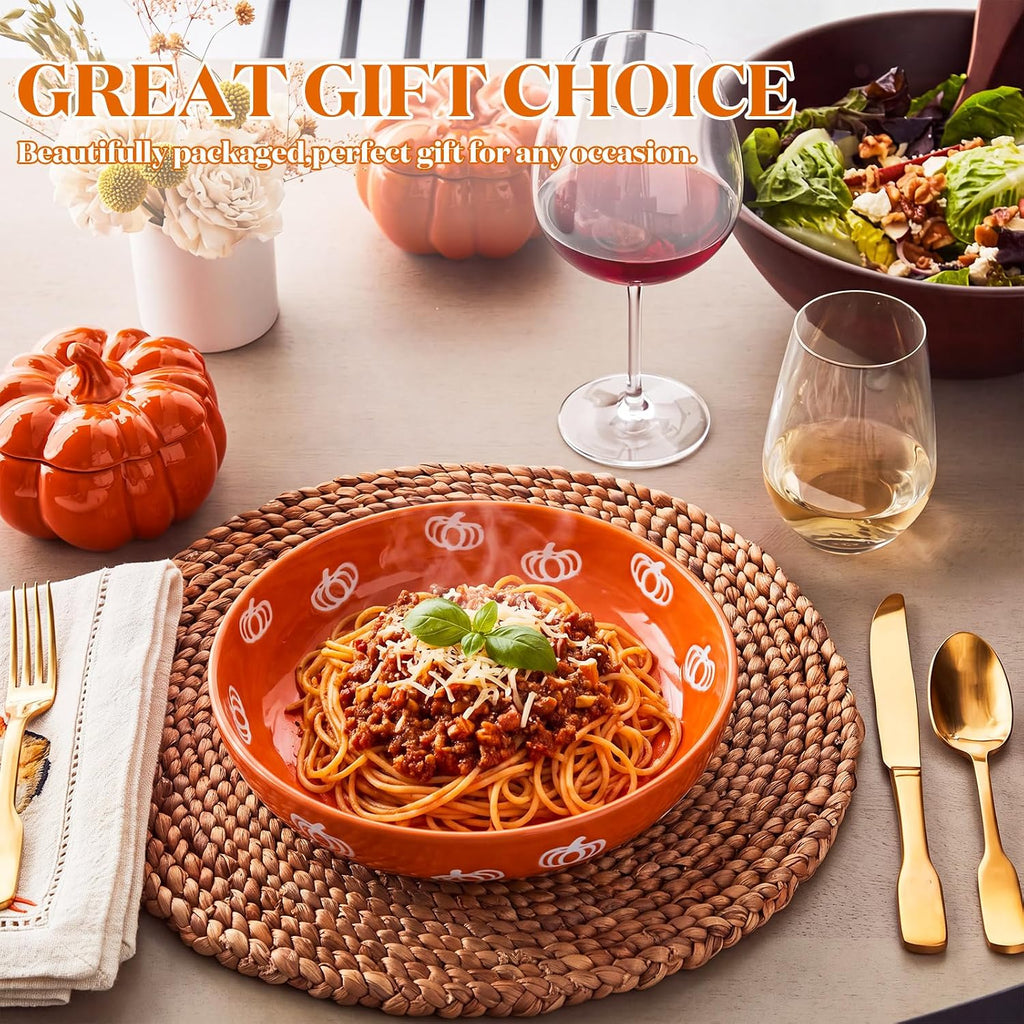 4 Pcs Thanksgiving Pumpkin Pasta Bowls 40 oz Ceramic Dinnerware Set