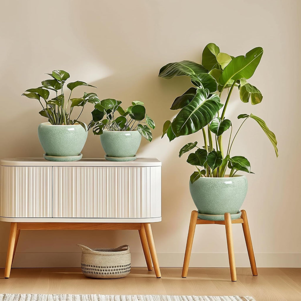 Ceramic Plant Pots 6 Inch, Ceramic Planter with Drainage, Green