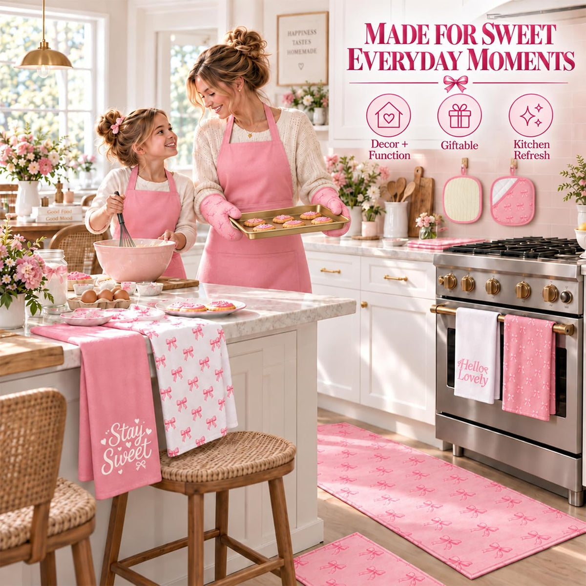 10 Pcs Pink Bow Kitchen Decor and Accessories Set, Coquette Kitchen Style
