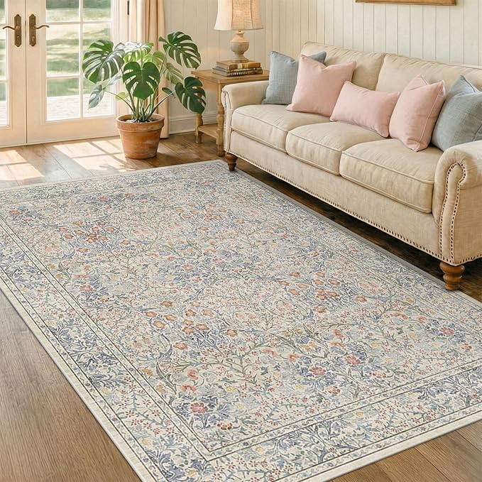Washable Beige Blue 5x8 Area Rug - Image 3