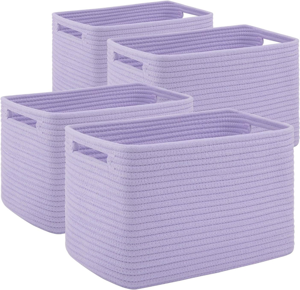 4 Pack Storage Baskets for Organizing Toys, Towels, and Clothes, Woven Basket for Shelves, Sturdy Nursery Cube Bins for Storage, 13''L x9''W x7.8''H, Purple