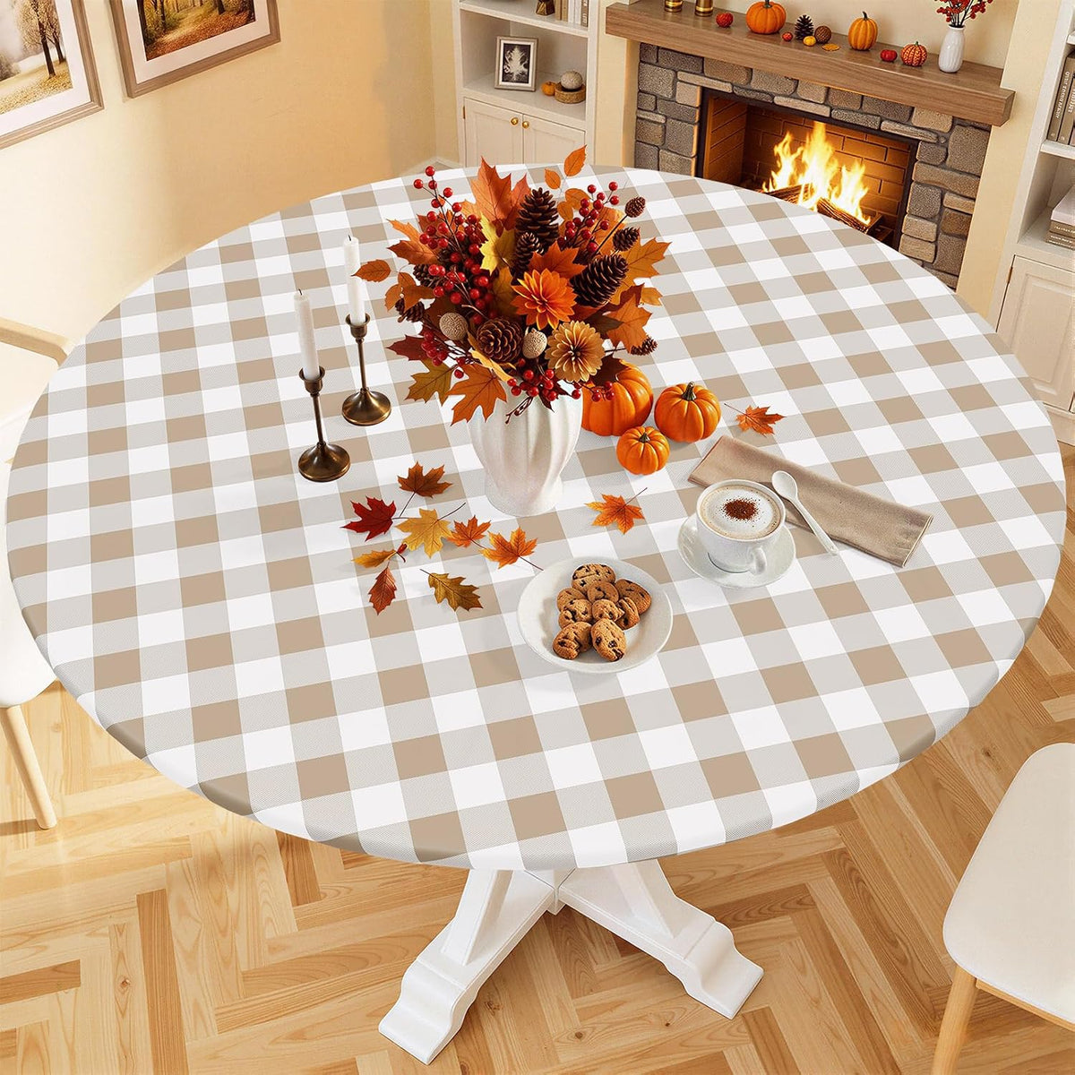 Smiry 57"-68" Picnic Table Cloth, Flannel Backed Vinyl Fitted Tablecloths