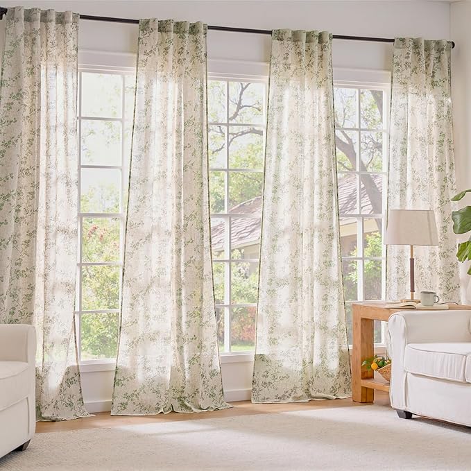 Lazzzy Green Floral Linen Curtains 96 Inch Farmhouse Back Tab Drapes - Image 7