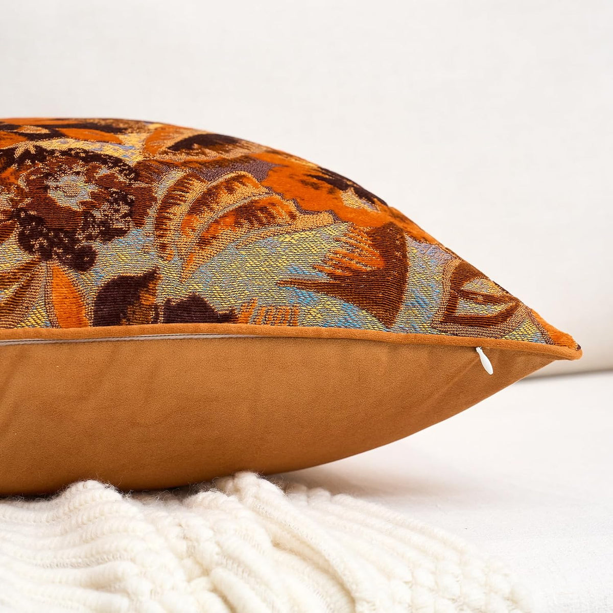 Alerfa Orange Neutral Floral Pillow Cover 18 x 18 Inch, Vintage Cut Velvet Square Couch Throw Pillow Cover Soft Decorative Farmhouse Accent Pillowcase for Living Room Bedroom
