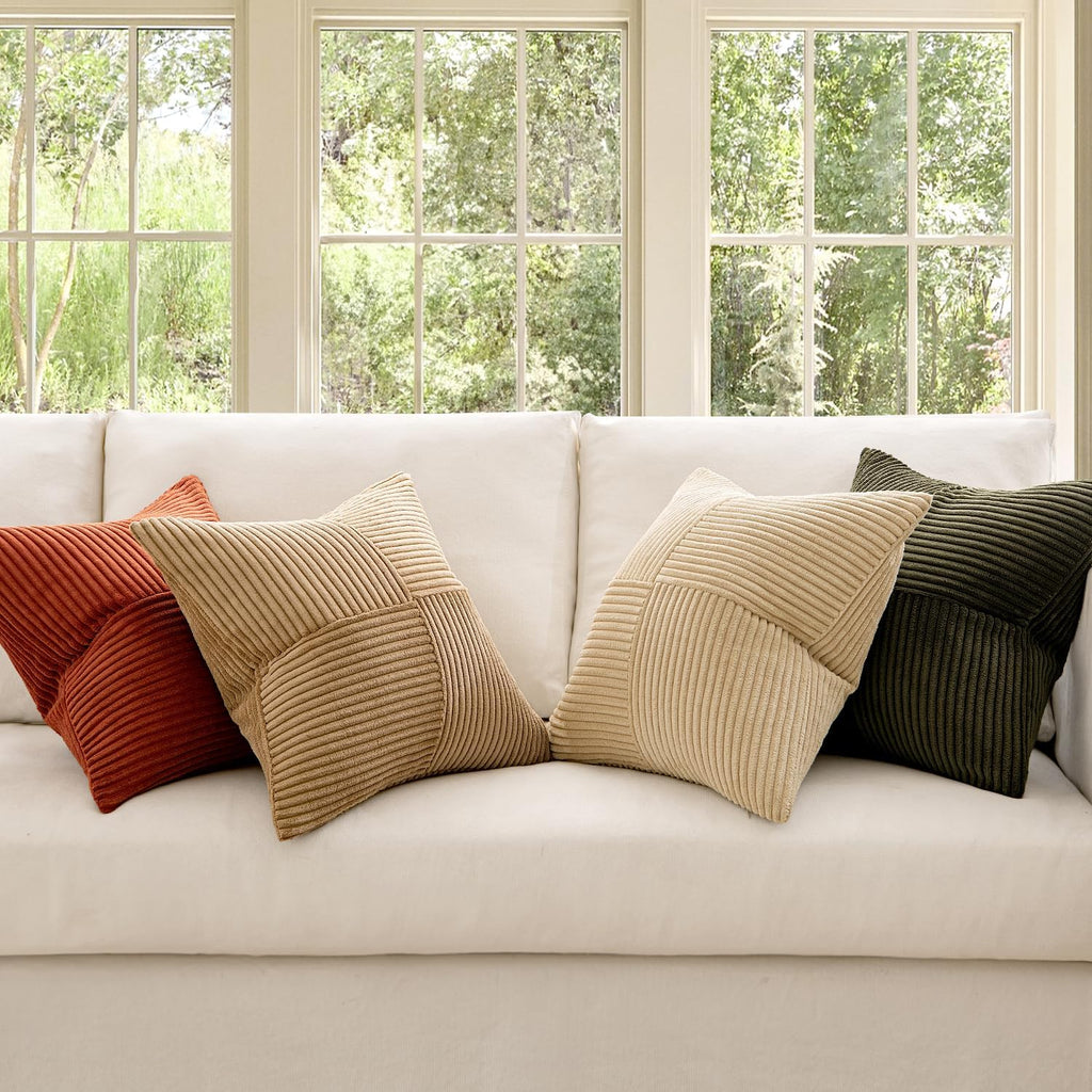 MIULEE Rust-Olive Green Decorative Throw Pillow Covers 18x18 Inch Set of 4 Boho Color-Clash Cushion Cases Farmhouse Pillow Cases Corduroy Striped Home Decor for Couch Sofa Living Room Bed